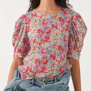 BA&SH Ameal Floral Top Ecru Puff Sleeves Feminine Romantic Cotton Open Back bash
